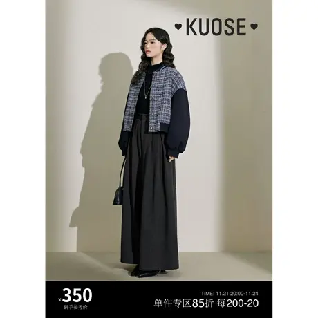 阔色小香风棒球服外套女2023新款秋冬季宽松拼接夹棉格子上衣商品大图