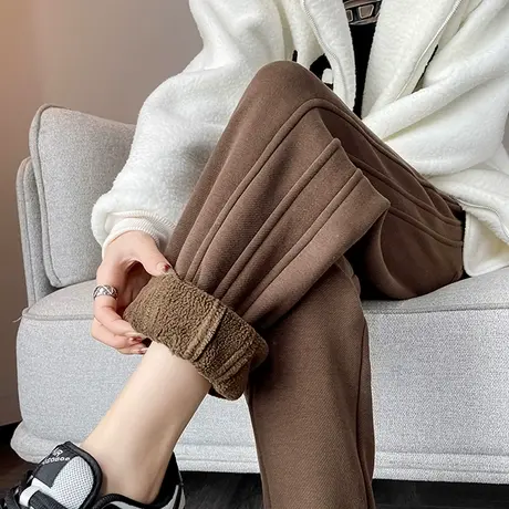 加绒束脚运动裤女冬季高腰显瘦加厚羊羔绒裤子休闲保暖棉哈伦卫裤商品大图
