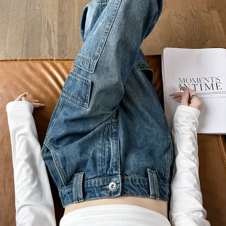 美式工装牛仔裤女秋季新款宽松高腰显瘦小个子宽松直筒阔腿拖地裤商品大图