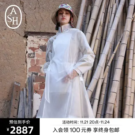 ASH女装新款时尚百搭翻领上衣中长款绑带风衣外套商品大图