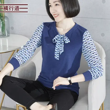 2025新款春装圆领拼接飘带雪纺长袖T恤女装韩版宽松大码妈妈上衣商品大图