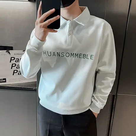 2023春秋季新款休闲长袖polo衫男简约潮男字母印花高级感翻领卫衣商品大图