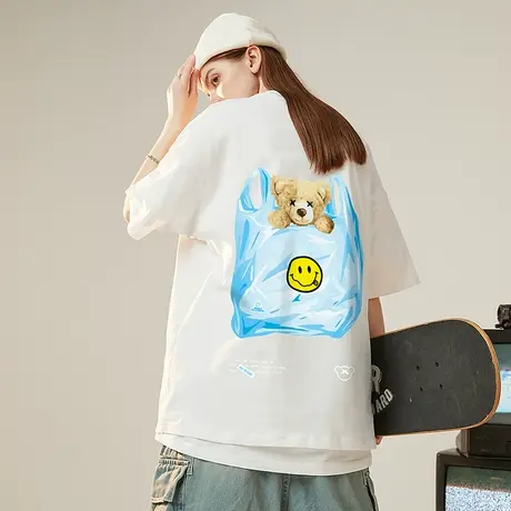 国潮卡通可爱小熊短袖T恤男夏季潮牌潮流ins宽松oversize情侣半袖商品大图