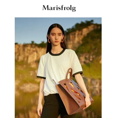 【都市通勤】玛丝菲尔夏季新款白色圆领棋盘格针织薄款毛衣商品大图