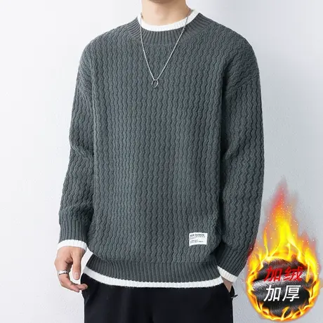 加绒毛衣男韩版潮流2022秋冬季纯色加厚针织衫男装圆领长袖打底衫商品大图