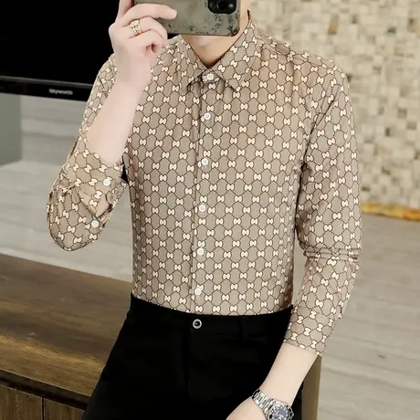 时尚韩版印花衬衫男士新款长袖春秋季百搭衬衣服潮流雅痞打底寸衫商品大图