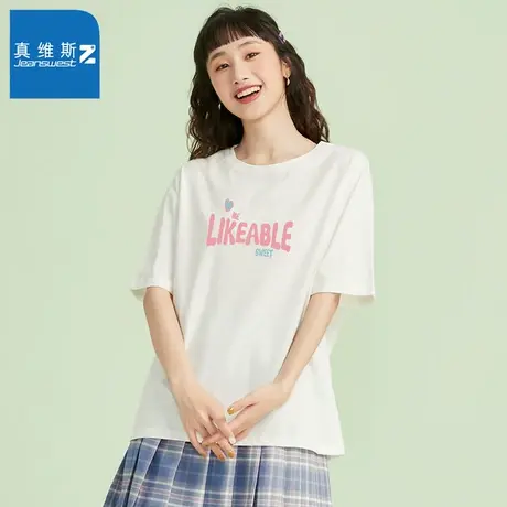 真维斯Z+女款夏季新款纯棉圆领短袖上衣欧美街头女潮流印花女T恤图片