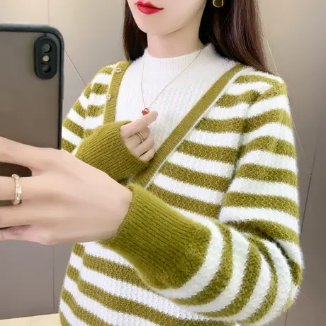 冬季高级感条纹假两件半高领毛衣2025年春季新款针织打底衫上衣厚商品大图