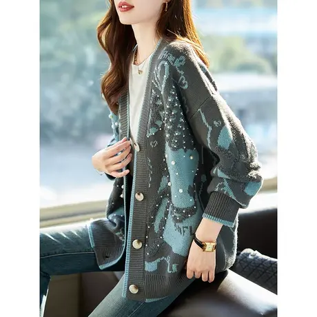 宝诗黎V领钉珠提花针织开衫宽松上衣女休闲2024新款春秋羊毛外套商品大图