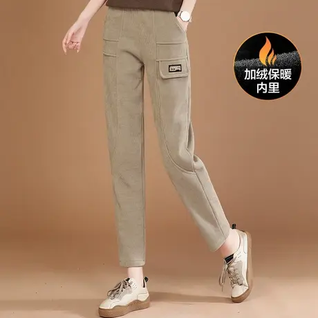 韩潮袭人松紧腰拼接加绒休闲裤女宽松显瘦哈伦裤子图片