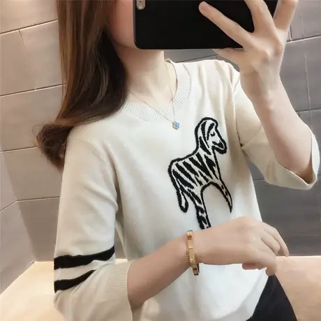 中袖针织上衣薄款2023夏季新款韩版显瘦宽松正肩短袖T恤女短款潮商品大图