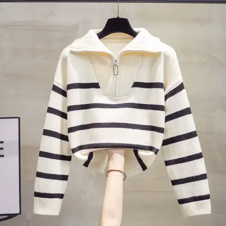 高领毛衣女条纹套头2023秋冬新款宽松慵懒风拉链针织衫加厚打底衫商品大图