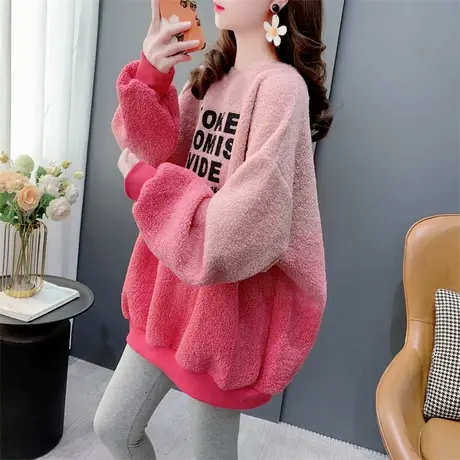 韩版渐变字母加绒羊羔毛卫衣外套女2023年秋冬新款宽松设计感上衣图片