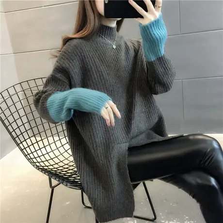 中长款毛衣女套头新款2024爆款红色毛衣女宽松外穿半高领针织衫女商品大图