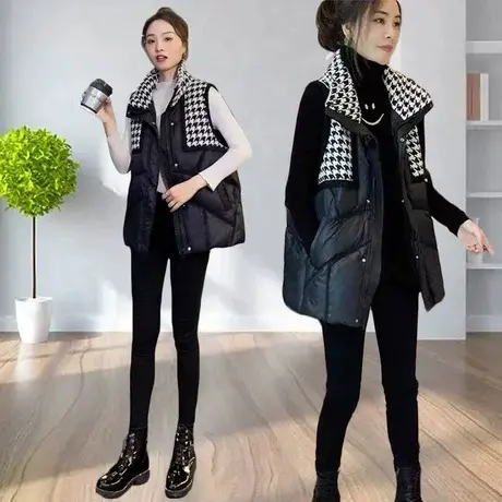 欧洲站千鸟格羽绒棉马夹女气质坎肩2023秋冬新款拼接棉马甲女外穿商品大图