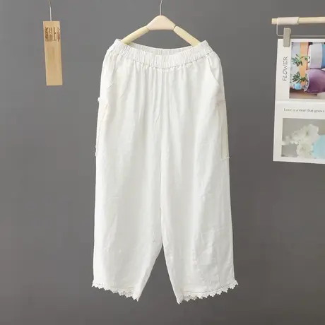 复古女装花边棉麻哈伦裤子春夏季高腰松紧直筒九分裤子小脚裤大码图片