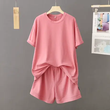 夏季新款纯色休闲套装女宽松舒适运动服纯棉上衣短袖短裤两件套潮商品大图