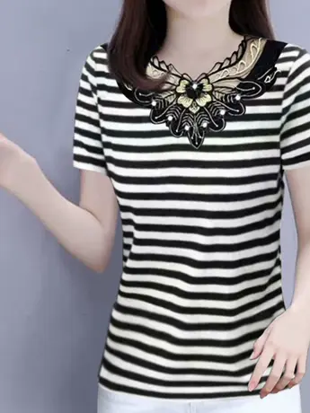 2023夏小衫短袖t恤春秋薄款条纹长袖圆领中老年女装洋气妈妈装商品大图