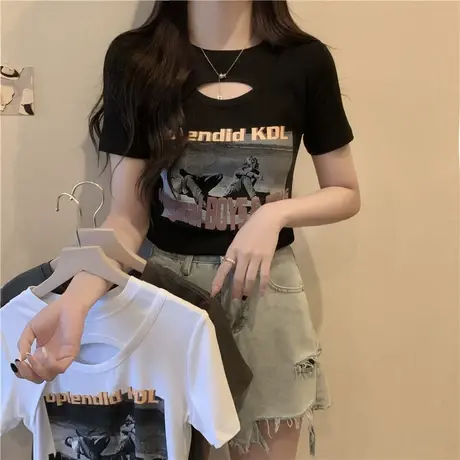 设计感小众镂空短款短袖T恤女夏2025新款内搭打底衫 上衣性感辣妹商品大图