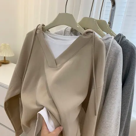 假两件抽绳连帽卫衣女春秋百搭宽松bf风oversize长袖上衣薄款外套图片