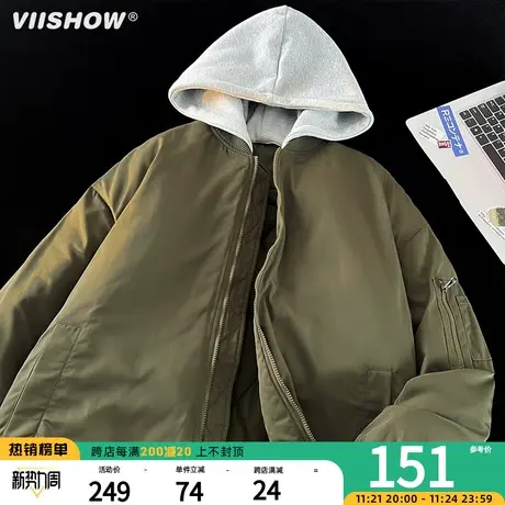 VIISHOW日系假两件2023新款棉衣外套男生宽松休闲潮流男连帽棉服商品大图