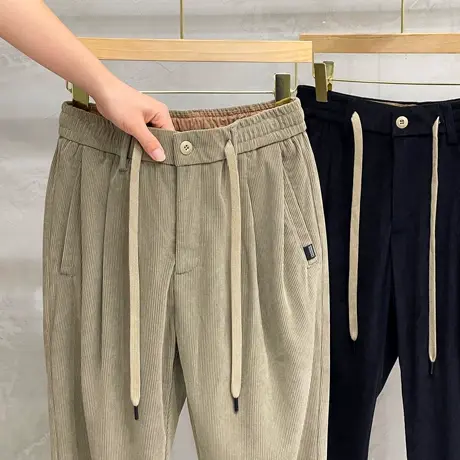 男士松紧腰灯芯绒裤子男直筒宽松卫裤加厚工装裤休闲裤长裤秋冬季商品大图