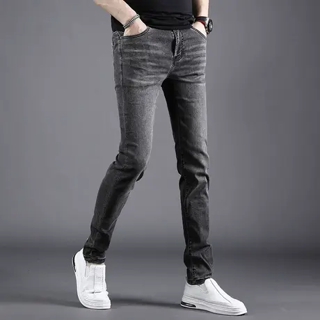 2024新款牛仔裤男款夏季薄款修身小脚裤冰丝深灰色弹力男士牛仔裤图片