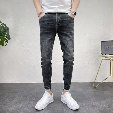 2023秋款高端轻奢男士牛仔裤口袋压花潮流猫须修身小脚牛仔长裤男商品大图