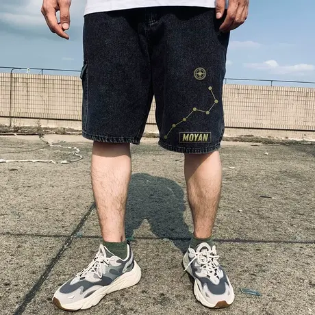 牛仔短裤男夏季港风宽松简约百搭胖子五分裤休闲潮牌大码重磅直筒图片