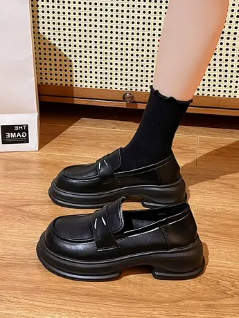英伦风小皮鞋女2023新款秋季一脚蹬黑色女鞋增高小个子厚底乐福鞋图片