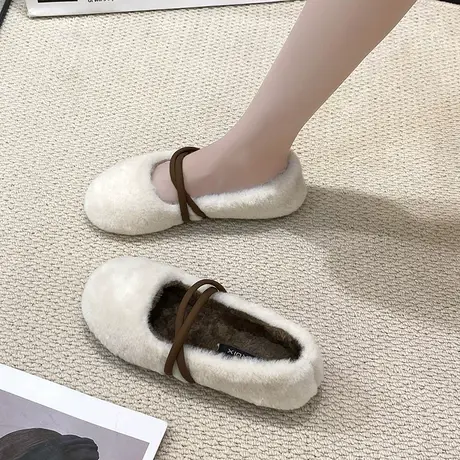 毛毛鞋女2023年春秋季新款网红小众复古一脚蹬单鞋平底加绒豆豆鞋商品大图