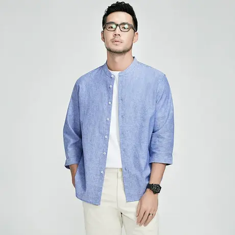 格慕施薄歀棉麻衬衫男春夏款休闲大码宽松七分袖短袖麻布中袖衬衣商品大图