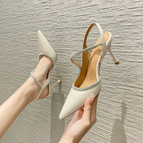 细跟高跟鞋女设计感小众2024新款春秋尖头水钻后空单鞋气质女神范图片