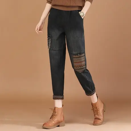 韩潮袭人民族风松紧高腰加绒牛仔裤女2023冬季新款哈伦长裤子厚图片