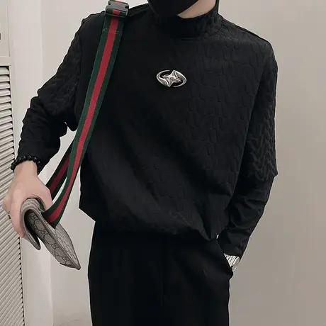 秋季长袖t恤重工半高领肌理感小众潮流打底衫上衣修身内搭体恤男商品大图