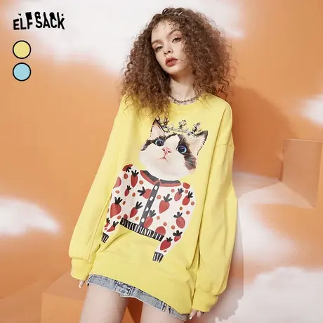 妖精的口袋猫咪黄色圆领卫衣女2023春季新款宽松无帽套头中长款潮图片