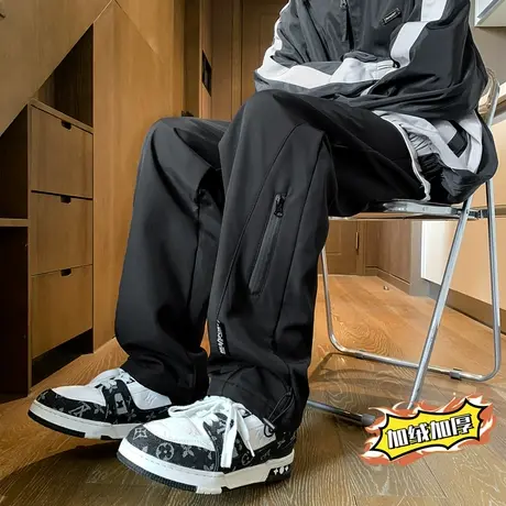 工装裤子男秋冬季加绒加厚宽松直筒裤休闲2024潮流抽绳束脚长裤图片