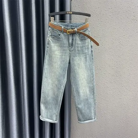 韩版休闲萝卜牛仔裤女2024春季新款浅蓝色高腰显瘦百搭牛仔哈伦裤图片