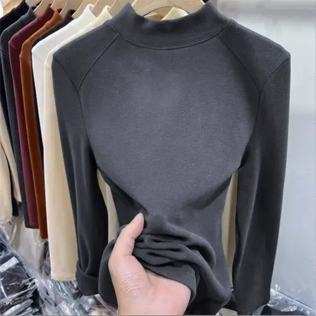 半高领加绒加厚打底衫女大衣内搭秋冬季德绒保暖上衣修身长袖T恤商品大图