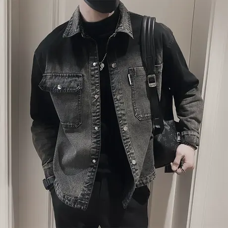 牛仔外套潮牌秋季新款复古渐变色水洗夹克上衣潮男痞帅机车牛仔衣商品大图