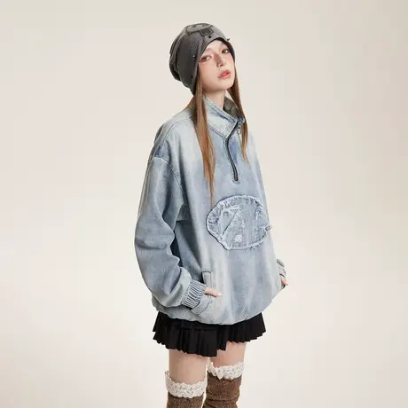 水洗扎染贴布绣牛仔外套女春装2024年新款复古半高领套头夹克宽松商品大图