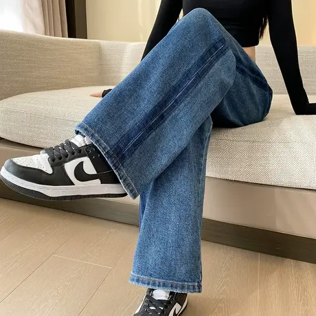 美式深蓝色牛仔裤女2024春秋新款高腰显瘦宽松垂感百搭阔腿拖地裤图片