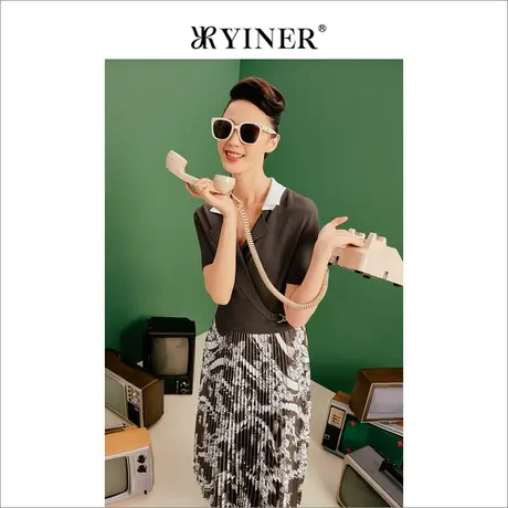 【1996系列】YINER音儿女装夏季撞色翻领高腰A字型连衣裙商品大图