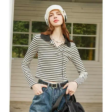 a022024春季新款条纹Polo小个子上衣针织百搭短款女式T恤图片