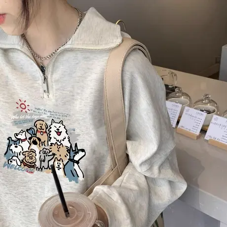 polo领半拉链卫衣女春秋冬季加绒加厚宽松韩系慵懒风上衣外套潮牌图片