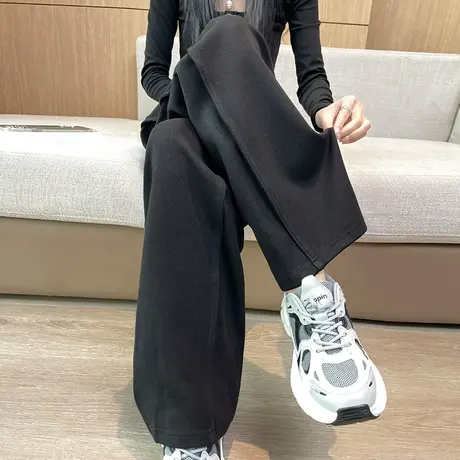 黑色休闲阔腿裤女2024春秋季新款高腰宽松垂感松紧腰运动直筒卫裤商品大图