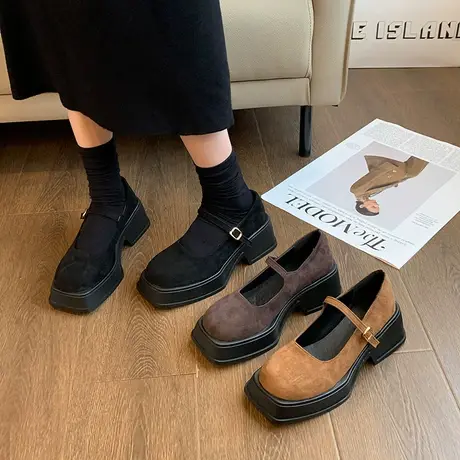 复古绒面玛丽珍鞋女2024年春秋新款小香风高跟单鞋方头粗跟奶奶鞋商品大图