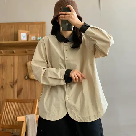 dza 复古拼接撞色长袖衬衫外套女春新款翻领休闲衬衣百搭宽松上衣图片