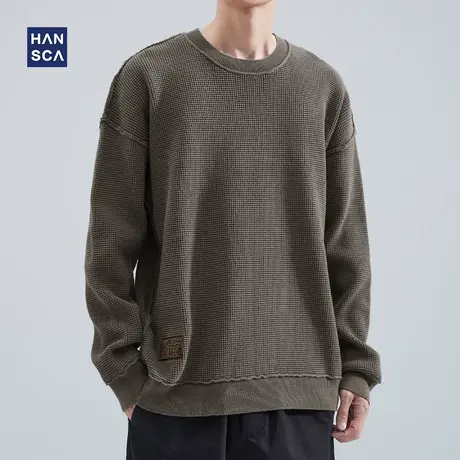 hansca冬季毛衣慵懒高级感男宽松圆领套头日系休闲华夫格纯色上衣商品大图