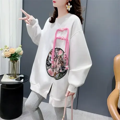 国潮中国风刺绣设计感圆领卫衣女春季2024年新款宽松休闲洋气上衣商品大图